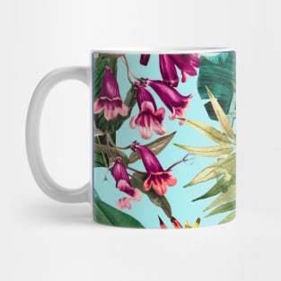 Elegant Tropical floral leaves and foliage botanical illustration, botanical pattern, tropical plants, baby blue leaves pattern over a T-Shirt Mug
